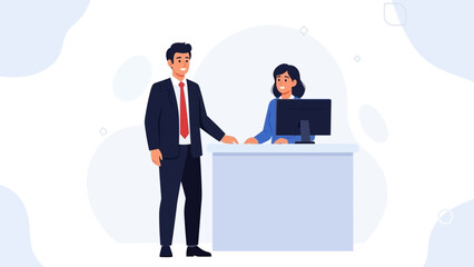 Fototapeta premium Smiling business people at reception desk with computer, modern office illustration