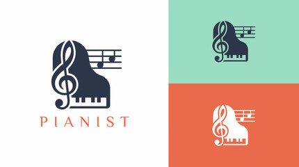 This logo combines a grand piano with elegant musical notes, symbolizing the artistry and emotional expression in music. Ideal for music professionals or piano-related brands. © uki