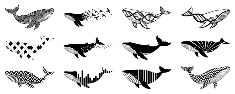 Collection of creative abstract whale silhouettes with geometric and floral patterns