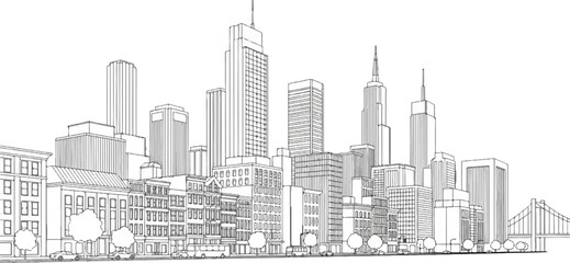 Stylized sketch of a bustling city skyline with tall buildings, streetlights, and vehicles