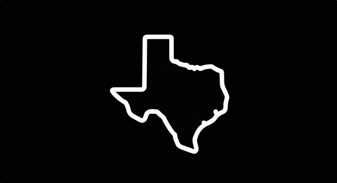 White outline of Texas state map on a solid black background