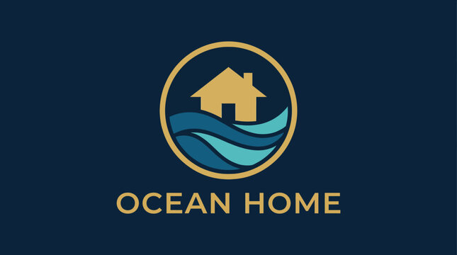 A modern logo featuring a house above waves, symbolizing tranquility and the beauty of coastal living, ideal for marketing oceanfront properties or beach houses.