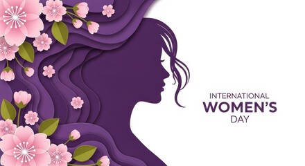 Obraz premium International womens day abstract purple background with silhouette of woman head and pink flowers
