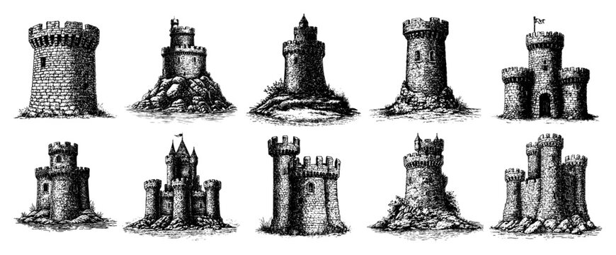 Collection of medieval stone castle towers and fortifications in vintage engraving style