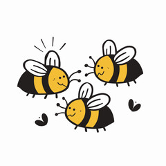 Three smiling bees cartoon illustration isolated on white background