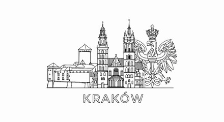 Stylized outline of historic buildings and a crowned eagle emblem