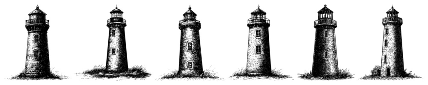 Set of vintage lighthouse illustrations in detailed hand drawn engraving style