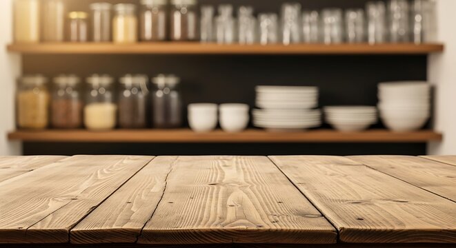 Rustic wood table top with blurred pantry background for presentations