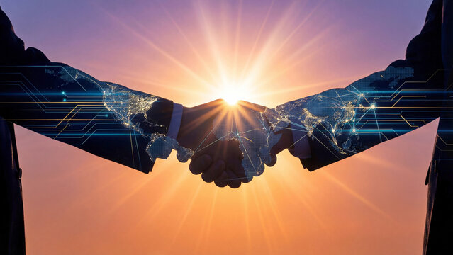 都市の夕景を背景に、ビジネスパーソンが固い握手を交わすシーンです。手のシルエットにはきらきらと輝く世界地図とネットワークが重なり、グローバルな連携や未来への希望、飛躍を感じさせます。企業広告に最適です。