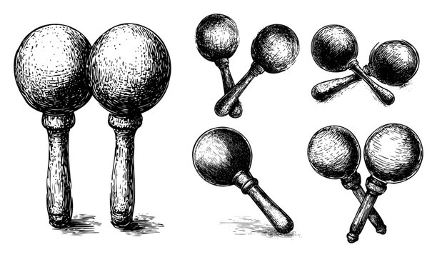 Collection of mexican maracas musical instruments in detailed vintage woodcut style
