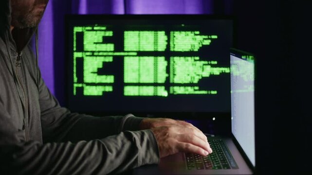 Strategic individual orchestrates network infiltration plan, Skilled malicious actor meticulously arranges synchronized electronic attack through deliberate keystrokes and strategic network access