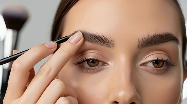 Close-up of a young woman carefully applying eyeliner to her eye with precision and care demonstrating beauty makeup techniques for flawless eyes