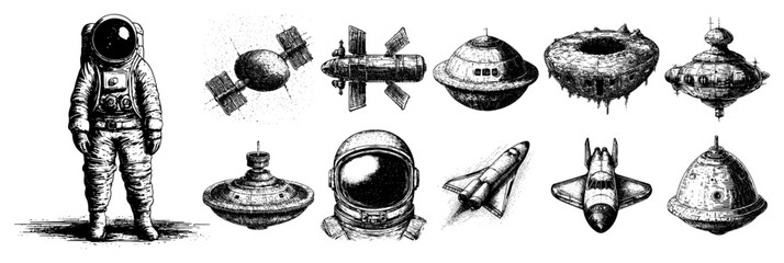Collection of hand drawn astronaut and spacecraft elements in vintage stippled style © Aisha Kudorova