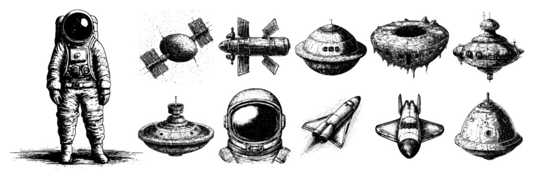 Collection of hand drawn astronaut and spacecraft elements in vintage stippled style
