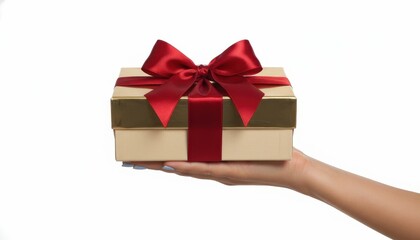 Obraz premium Hand holding a gift box wrapped in gold and red ribbon, present for special occasion, surprise gift, luxury packaging, offering present, celebration
