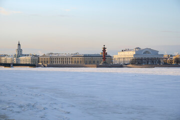 Fototapeta premium View on the Vasilyevsky Island arrow. Winter day in the historical center of St. Petersburg, Russia