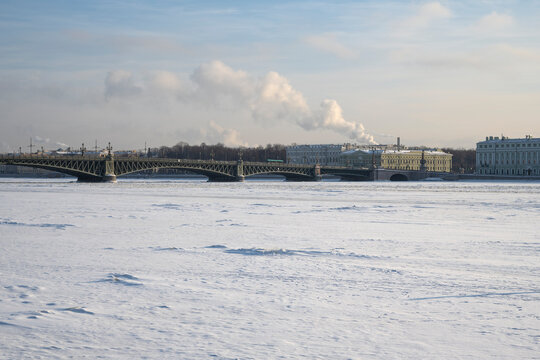 Fragment of the Troitskiy Bridge on a winter morning. Historical Center of Saint Petersburg, Russia