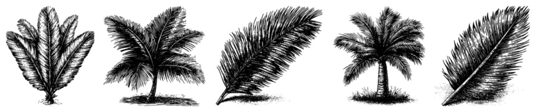 Collection of tropical palm trees and exotic palm leaves in vintage etching style