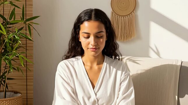 Radiant young woman smiles genuinely while relaxing on a cozy sofa bathed in warm sunlight showcasing healthy skin and a peaceful serene atmosphere at home