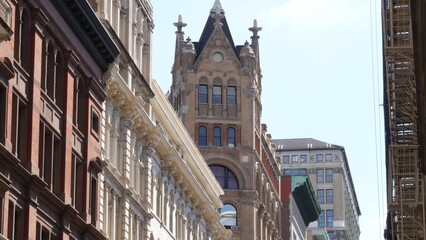 Fototapeta premium New York City Midtown urban building architecture, Manhattan Broadway street near Union Square, United States of America. Red brick classic house, USA. Typical old historic real estate property in NYC