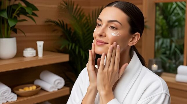 Relaxing spa day for a beautiful woman enjoying eye cream treatment in a luxurious wellness retreat with natural wood decor and calming ambiance