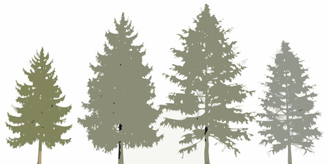 Four stylized evergreen trees in varying shades of green and gray © Sourav
