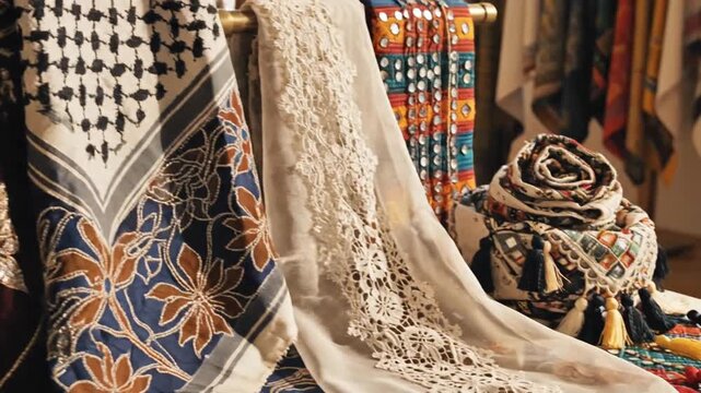 Traditional Moroccan slippers and Thai silk scarf displayed in a colorful market with decorative fabric patterns