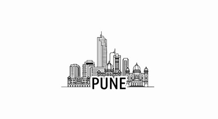 Stylized line art skyline with prominent "PUNE" text, showcasing varied architecture