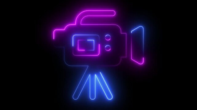 Glowing neon line video camera icon animation. Neon camera icon. Abstract symbol icon of digital camera icon isolated on black background.