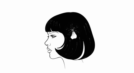 Stylized profile illustration of a woman with dark bobbed hair and flower accessory