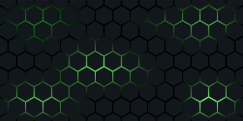Dark technology hexagonal vector abstract background. Green bright energy flashes under hexagon in dark technology futuristic modern background vector illustration. Gray honeycomb texture grid. © Ihza