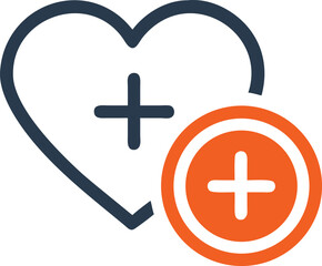 Obraz premium A simple navy blue heart icon has an orange plus icon near it