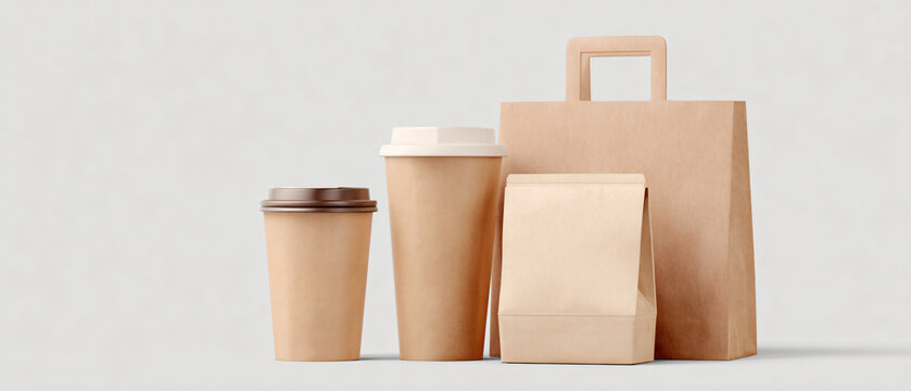 Brown disposable coffee cups and takeaway packaging on a white surface viewed from the front