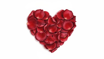Heart shape made of vibrant red rose petals on a pure white background, symbolizing love and romance