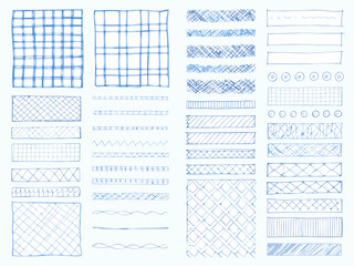 Collection of hand drawn blue line patterns and textures on white background