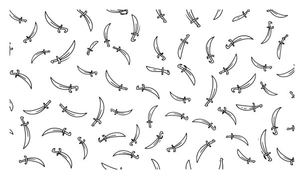 Hand drawn seamless pattern with curved scimitar swords and sabers line art