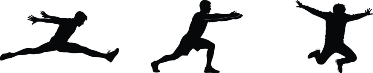 Three black silhouettes of people jumping in different dance poses on a white background