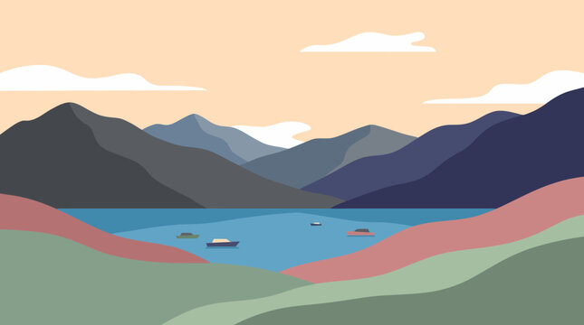 A colorful illustration depicting rolling mountains and tranquil waters, creating a peaceful scene that invites contemplation and appreciation of nature&rsquo;s beauty.