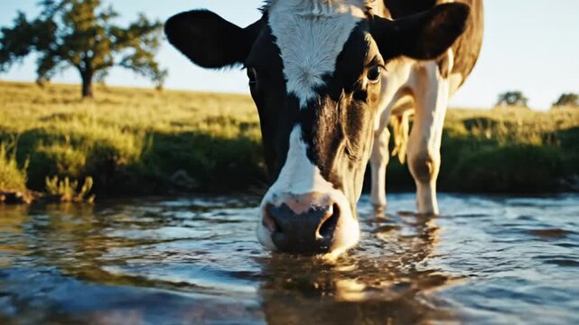 Holstein cow drinks clear water in a flowing stream with lush green grass and trees during a sunny summer day