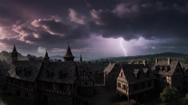 A captivating scene of a medieval town under a dramatic stormy sky. Perfect for illustrating fantasy settings, historical concepts, or themes of resil