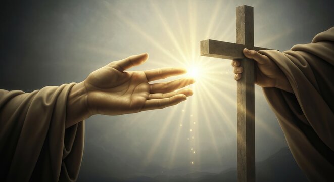Divine hand of god bestowing hope through christ s cross for spiritual inspiration and faith