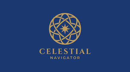 A rich logo featuring celestial symbols and a compass design, embodying themes of navigation, guidance, and exploration in a sophisticated and artistic manner. © free