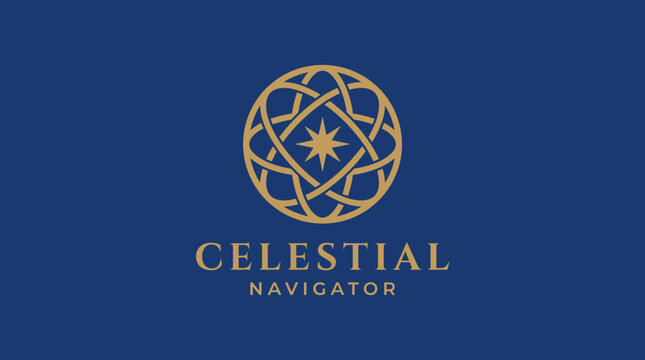 A rich logo featuring celestial symbols and a compass design, embodying themes of navigation, guidance, and exploration in a sophisticated and artistic manner.