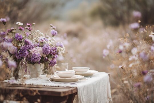 Romantic outdoor table setting with wildflowers in a soft natural meadow