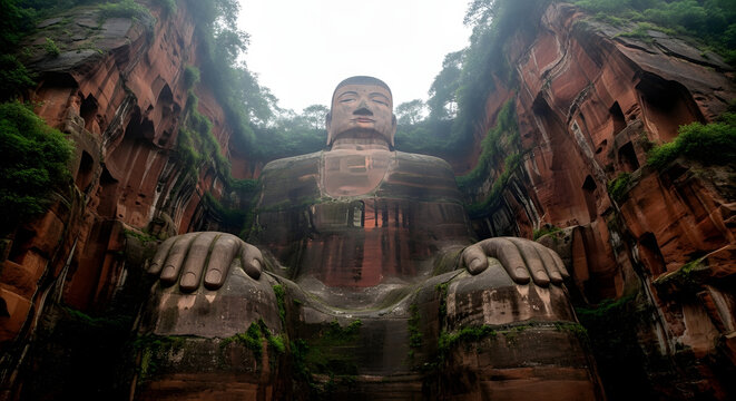 Majestic giant Buddha statue in serene mountain landscape