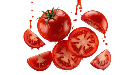 Fresh red whole and sliced tomatoes with juice drops isolated PNG with Transparent Background