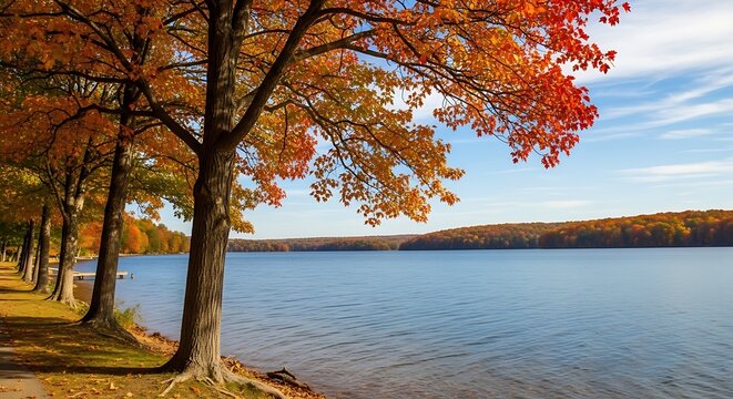 Autumn trees with vibrant foliage line a calm lake under a clear blue sky.