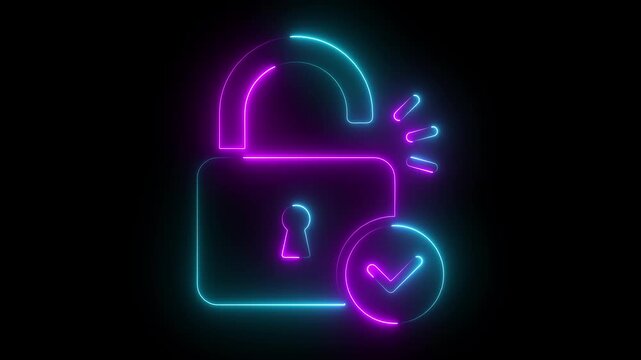 Glowing neon cracked unlock icon and background. Lock sign symbol. Lock animation, cyber lock icon and unlock animation.