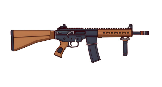 weapon, rifle, assault, gun, firearm, cartoon, illustration, isolated, white, military, combat, army, tactical, shooter, battle, defense, war, ammo, magazine, barrel, trigger, stock, sight, modern, au