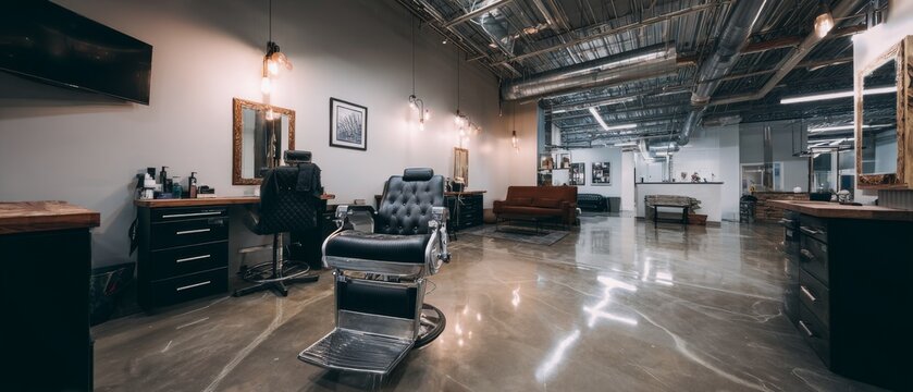 Industrial modern barbershop interior with black leather barber chair and polished concrete floor